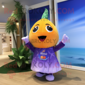 Lavender Mango mascot costume character dressed with a One-Piece Swimsuit and Scarf clips