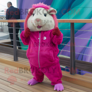 Magenta Guinea Pig mascot costume character dressed with a Jeggings and Bracelets