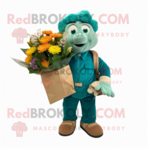 Teal Bouquet Of Flowers mascot costume character dressed with a Cargo Pants and Tote bags