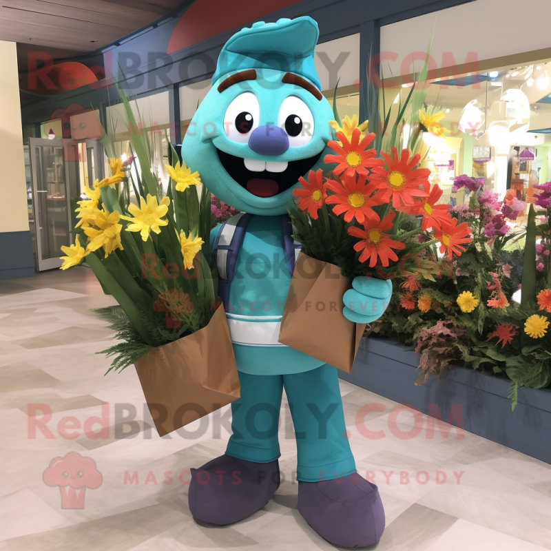 Teal Bouquet Of Flowers mascot costume character dressed with a Cargo Pants and Tote bags