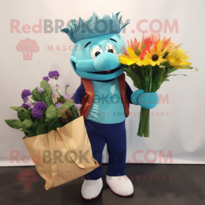 Teal Bouquet Of Flowers mascot costume character dressed with a Cargo Pants and Tote bags