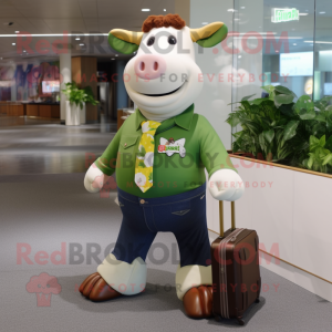 Olive Hereford Cow mascot costume character dressed with a Flare Jeans and Briefcases