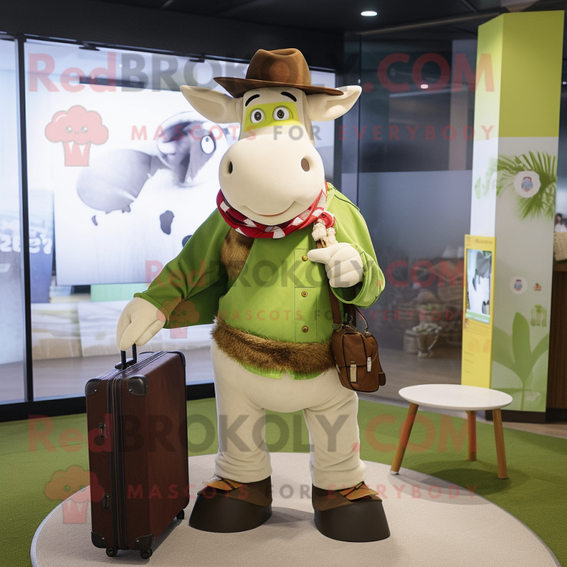 Olive Hereford Cow mascot costume character dressed with a Flare Jeans and Briefcases