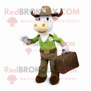 Olive Hereford Cow mascot costume character dressed with a Flare Jeans and Briefcases