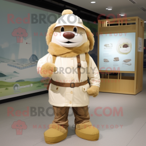 Cream Cod mascot costume character dressed with a Parka and Belts