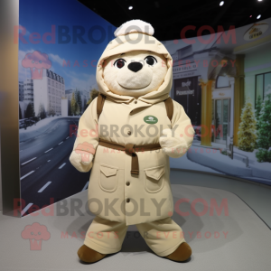 Cream Cod mascot costume character dressed with a Parka and Belts