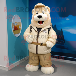 Cream Cod mascot costume character dressed with a Parka and Belts