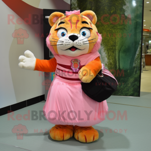 Peach Tiger mascot costume character dressed with a Ball Gown and Messenger bags