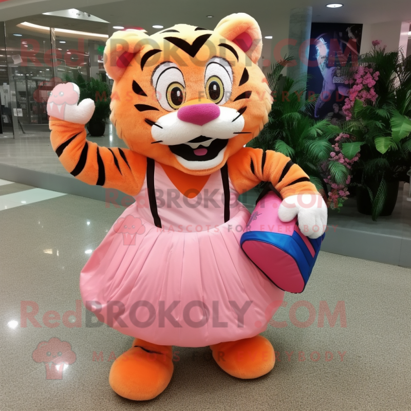 Peach Tiger mascot costume character dressed with a Ball Gown and Messenger bags