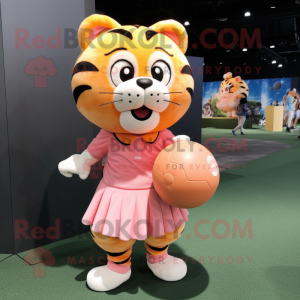 Peach Tiger mascot costume character dressed with a Ball Gown and Messenger bags