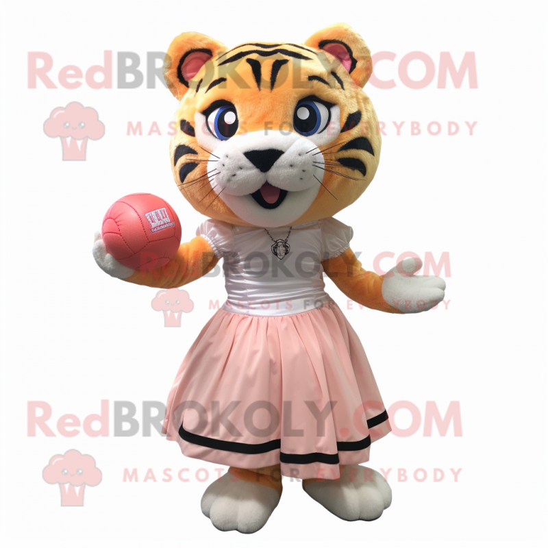 Peach Tiger mascot costume character dressed with a Ball Gown and Messenger bags