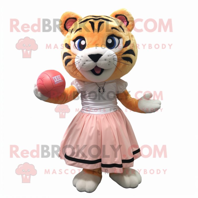 Peach Tiger mascot costume character dressed with a Ball Gown and Messenger bags Peach Tiger mascot costume character dressed with a Ball Gown and Messenger bags