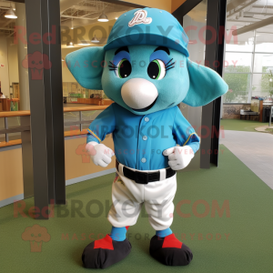 Turquoise Elf mascot costume character dressed with a Baseball Tee and Bow ties