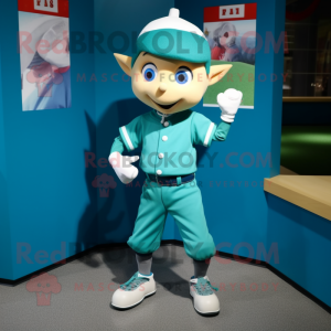 Turquoise Elf mascot costume character dressed with a Baseball Tee and Bow ties