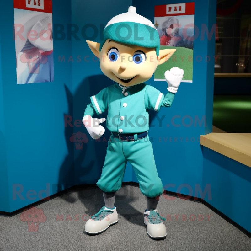 Turquoise Elf mascot costume character dressed with a Baseball Tee and Bow ties Turquoise Elf mascot costume character dressed with a Baseball Tee and Bow ties