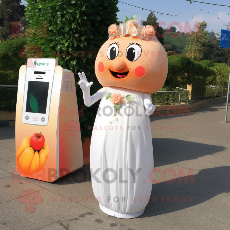 Peach Phone mascot costume character dressed with a Wedding Dress and Headbands Peach Phone mascot costume character dressed with a Wedding Dress and Headbands