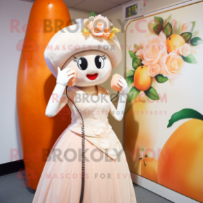 Peach Phone mascot costume character dressed with a Wedding Dress and Headbands