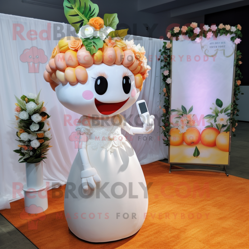Peach Phone mascot costume character dressed with a Wedding Dress and Headbands Peach Phone mascot costume character dressed with a Wedding Dress and Headbands