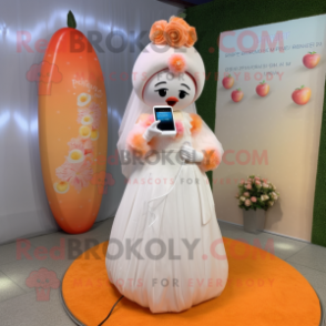 Peach Phone mascot costume character dressed with a Wedding Dress and Headbands