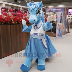 Sky Blue Horse mascot costume character dressed with a Pleated Skirt and Bracelets