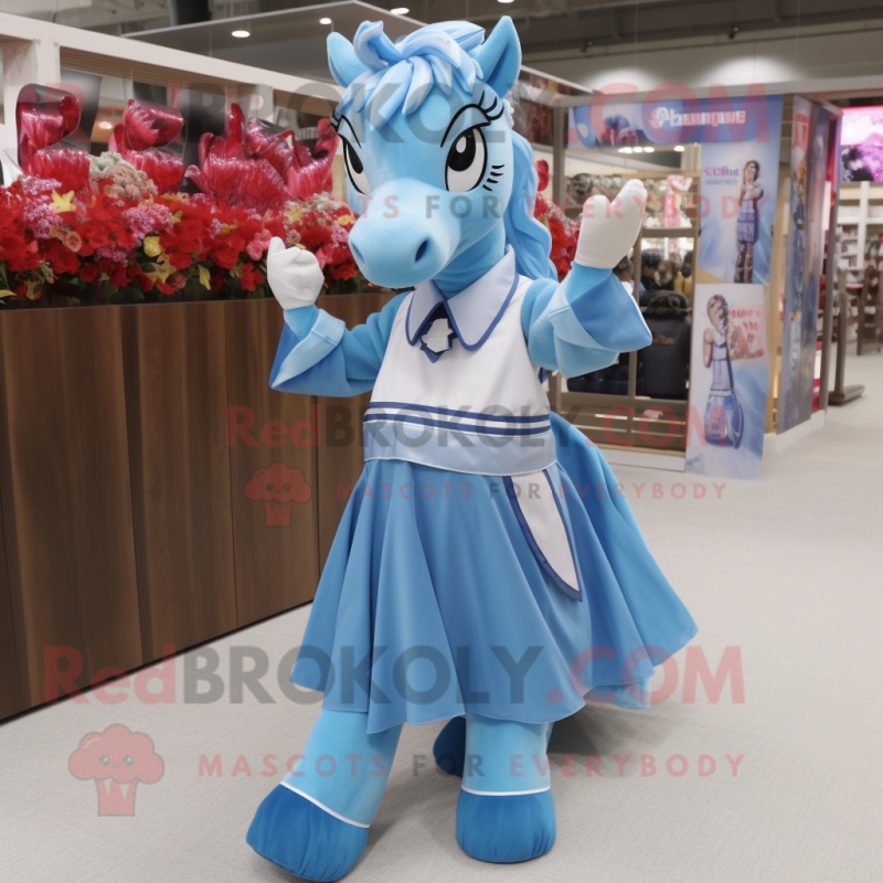 Sky Blue Horse mascot costume character dressed with a Pleated Skirt and Bracelets Sky Blue Horse mascot costume character dressed with a Pleated Skirt and Bracelets