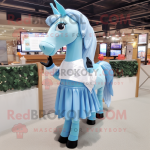 Sky Blue Horse mascot costume character dressed with a Pleated Skirt and Bracelets