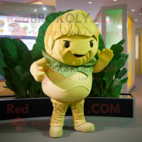 Gold Cabbage mascot costume character dressed with a Playsuit and Mittens