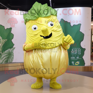 Gold Cabbage mascot costume character dressed with a Playsuit and Mittens