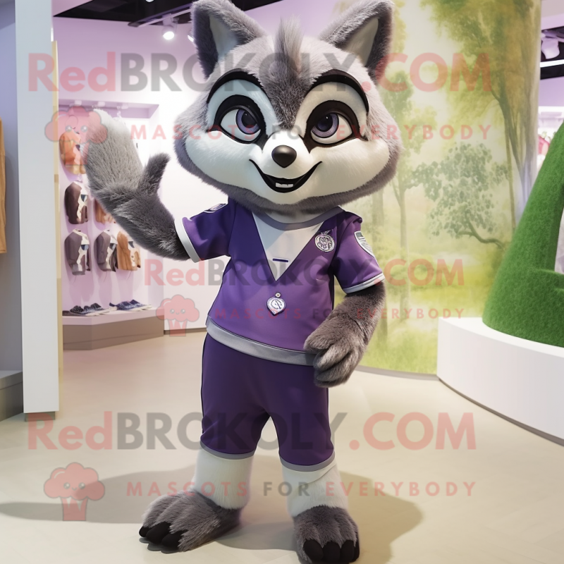 Lavender Raccoon mascot costume character dressed with a Capri Pants and Shoe clips