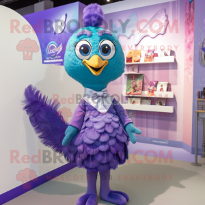 Lavender Peacock mascot costume character dressed with a Oxford Shirt and Hair clips