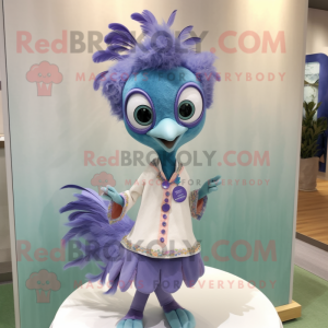 Lavender Peacock mascot costume character dressed with a Oxford Shirt and Hair clips