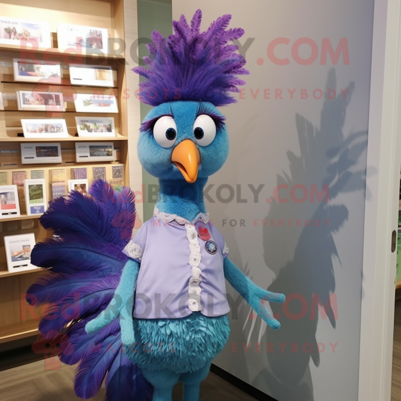 Lavender Peacock mascot costume character dressed with a Oxford Shirt and Hair clips