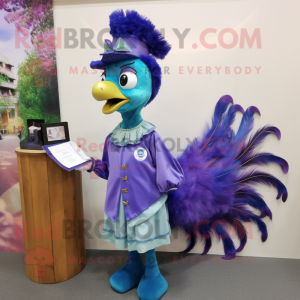 Lavender Peacock mascot costume character dressed with a Oxford Shirt and Hair clips