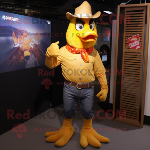 Gold Roosters mascot costume character dressed with a Bootcut Jeans and Gloves