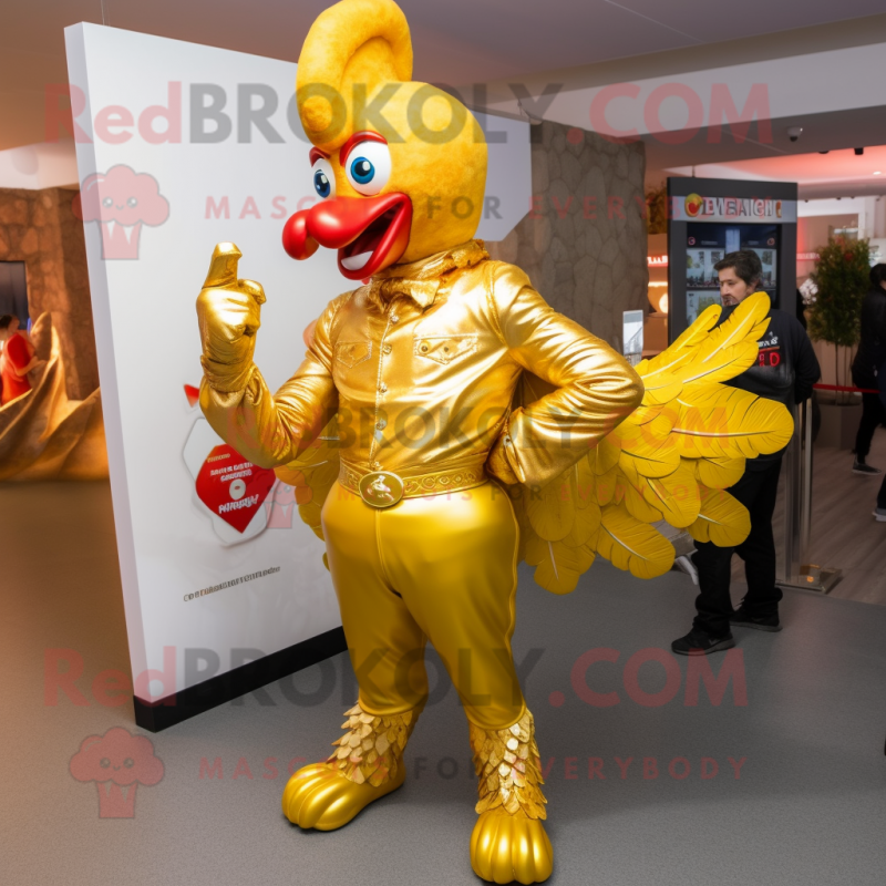 Gold Roosters mascot costume character dressed with a Bootcut Jeans and Gloves Gold Roosters mascot costume character dressed with a Bootcut Jeans and Gloves