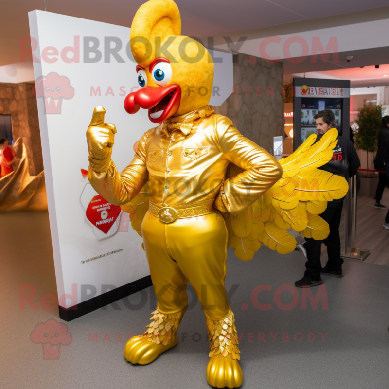 Gold Roosters mascot costume character dressed with a Bootcut Jeans and Gloves