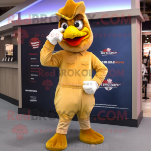 Gold Roosters mascot costume character dressed with a Bootcut Jeans and Gloves
