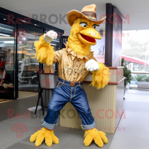 Gold Roosters mascot costume character dressed with a Bootcut Jeans and Gloves