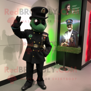 Black Green Beret mascot costume character dressed with a Tuxedo and Hairpins