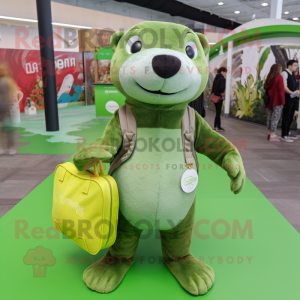 Lime Green Otter mascot costume character dressed with a Boyfriend Jeans and Clutch bags