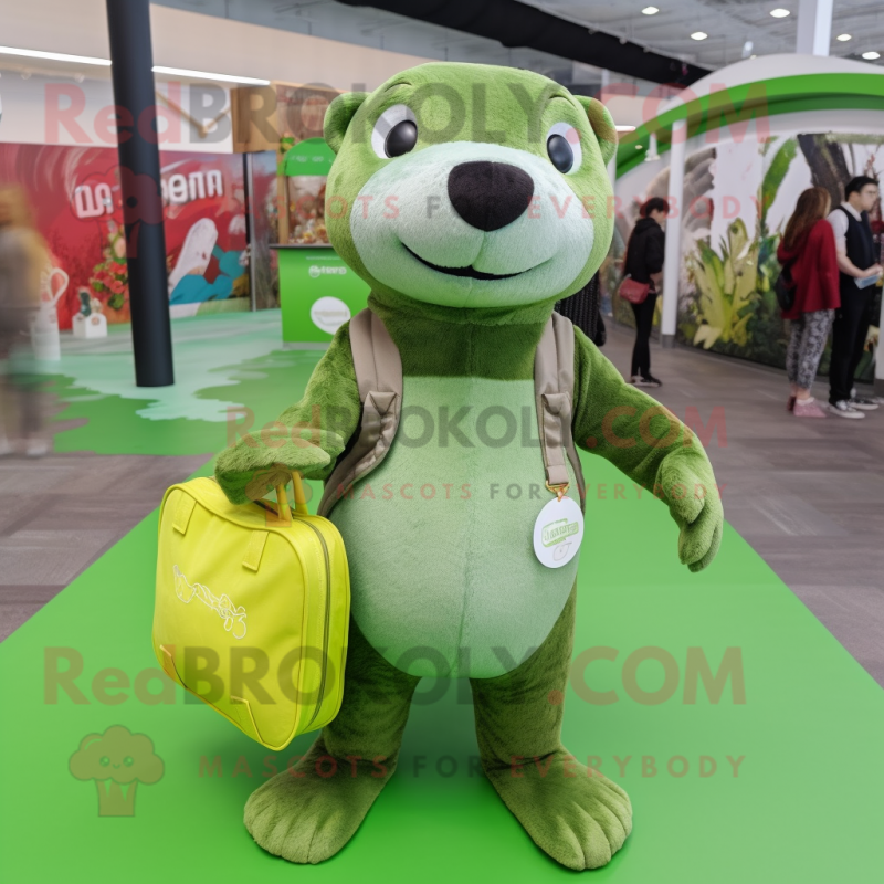 Lime Green Otter mascot costume character dressed with a Boyfriend Jeans and Clutch bags