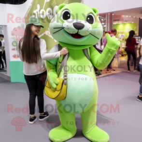 Lime Green Otter mascot costume character dressed with a Boyfriend Jeans and Clutch bags