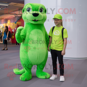 Lime Green Otter mascot costume character dressed with a Boyfriend Jeans and Clutch bags