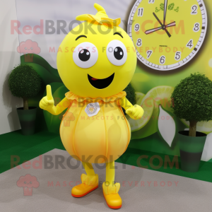 Lemon Yellow Tomato mascot costume character dressed with a Dress and Bracelet watches