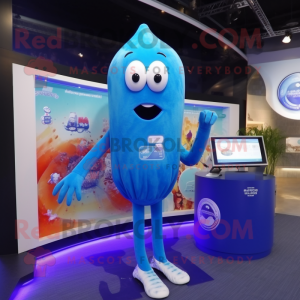 Blue Jellyfish mascot costume character dressed with a One-Piece Swimsuit and Digital watches