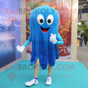 Blue Jellyfish mascot costume character dressed with a One-Piece Swimsuit and Digital watches