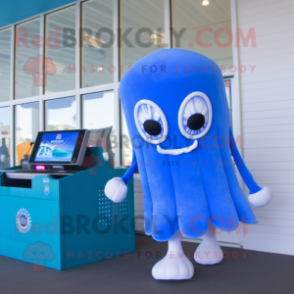 Blue Jellyfish mascot costume character dressed with a One-Piece Swimsuit and Digital watches