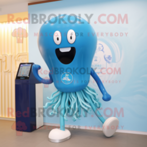 Blue Jellyfish mascot costume character dressed with a One-Piece Swimsuit and Digital watches