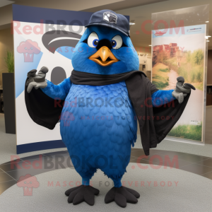 Black Blue Jay mascot costume character dressed with a Tank Top and Scarves