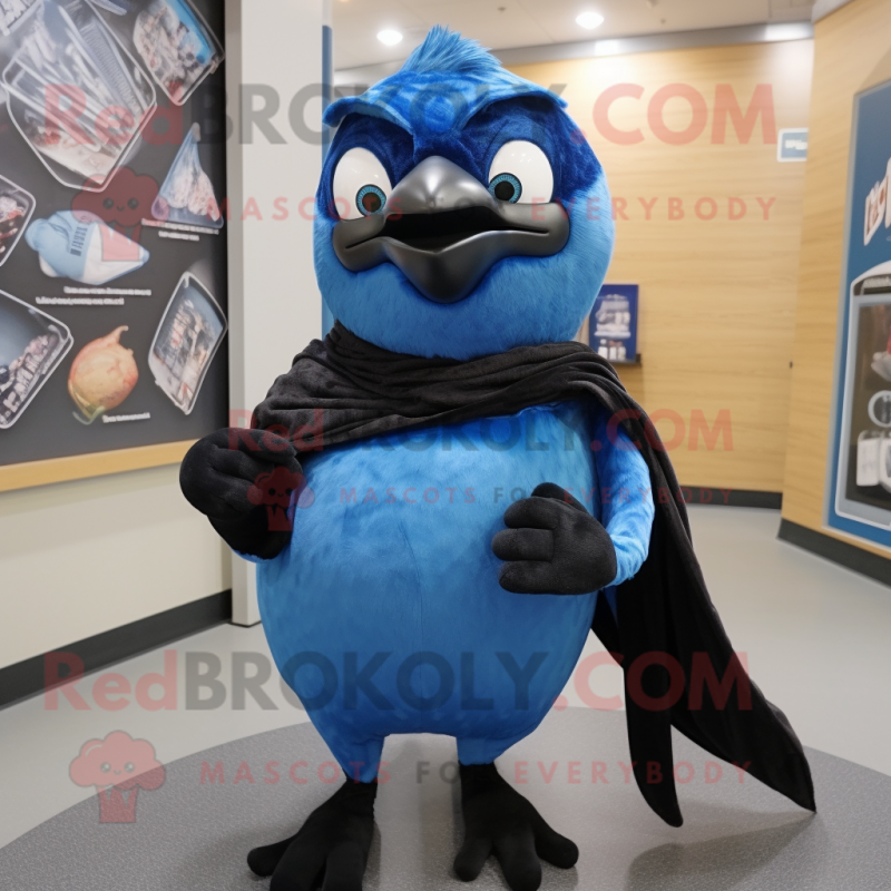 Black Blue Jay mascot costume character dressed with a Tank Top and Scarves